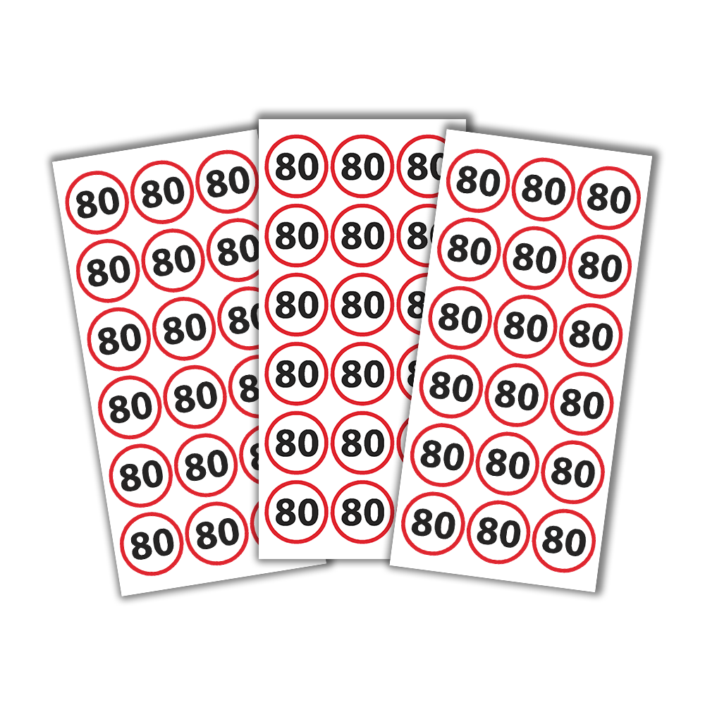 54 Stk. Aufkleber "80 Jahre", Geburtstag, Verkehrsschild, rund 3 cm