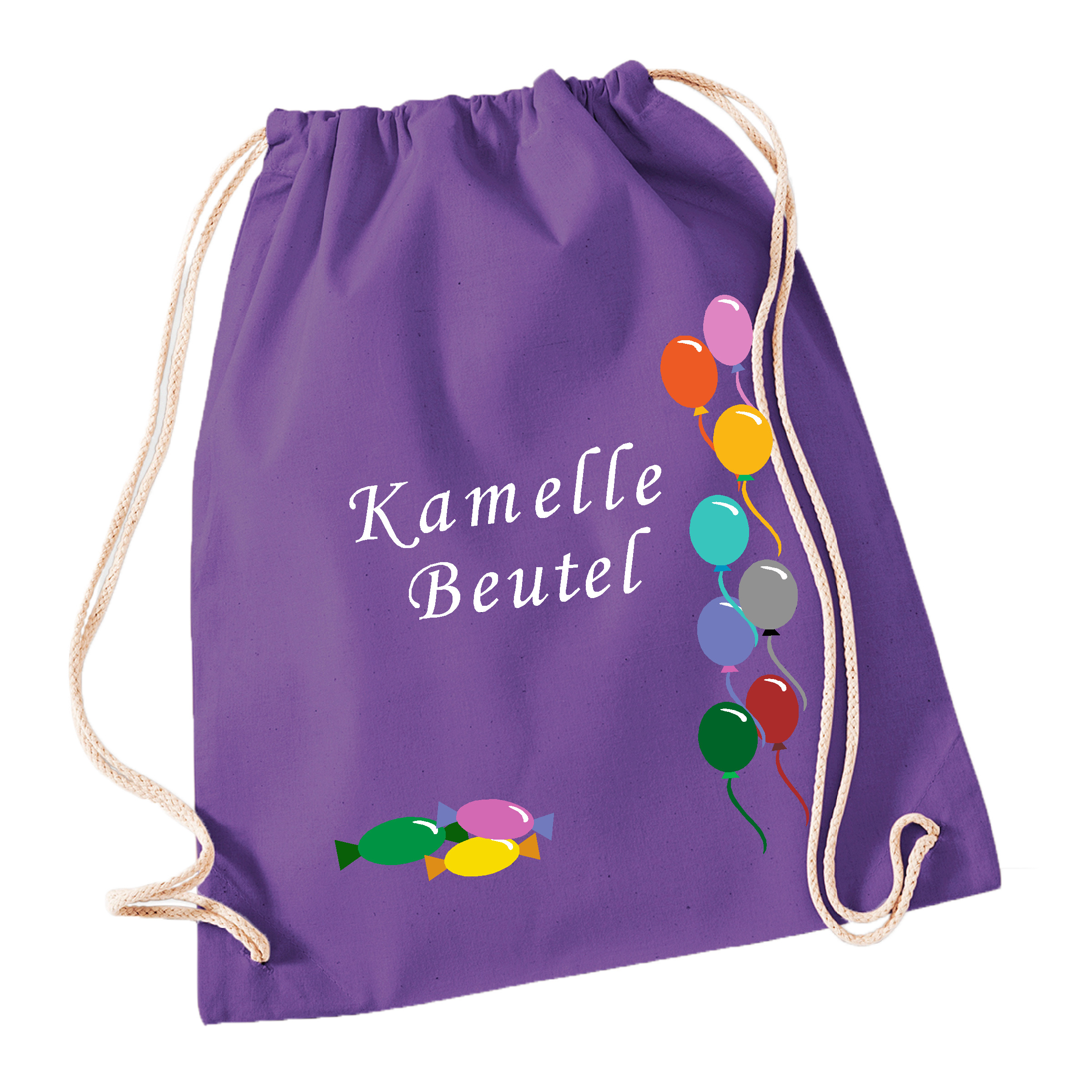 Turnbeutel Kamelle Beutel purple (lila)-Luftballons (vertikal)