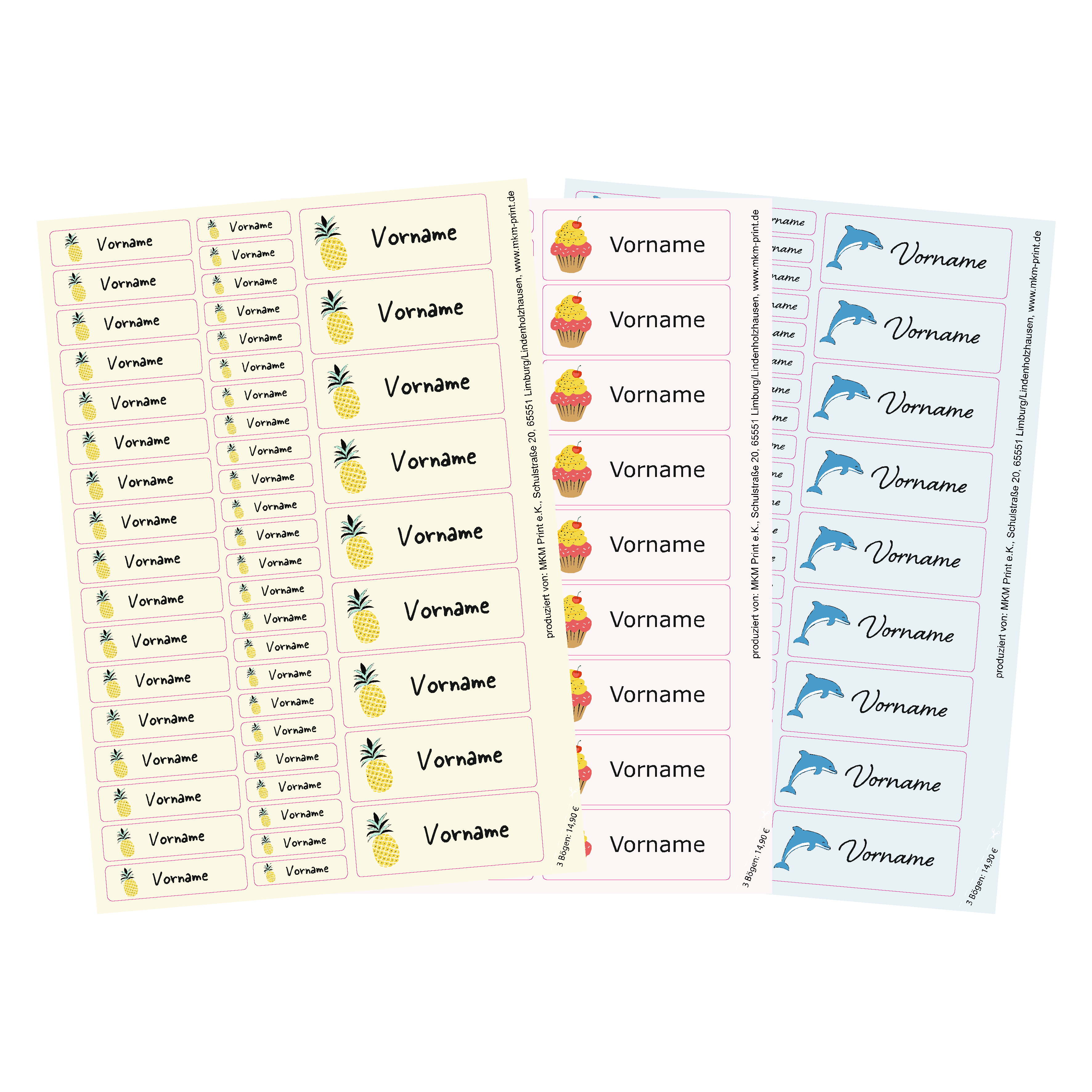 150 Namensaufkleber versch. Motive, Einschulung, Schule, Kita, Kiga, 3 Größen im Set: Delfin, Schreibschrift