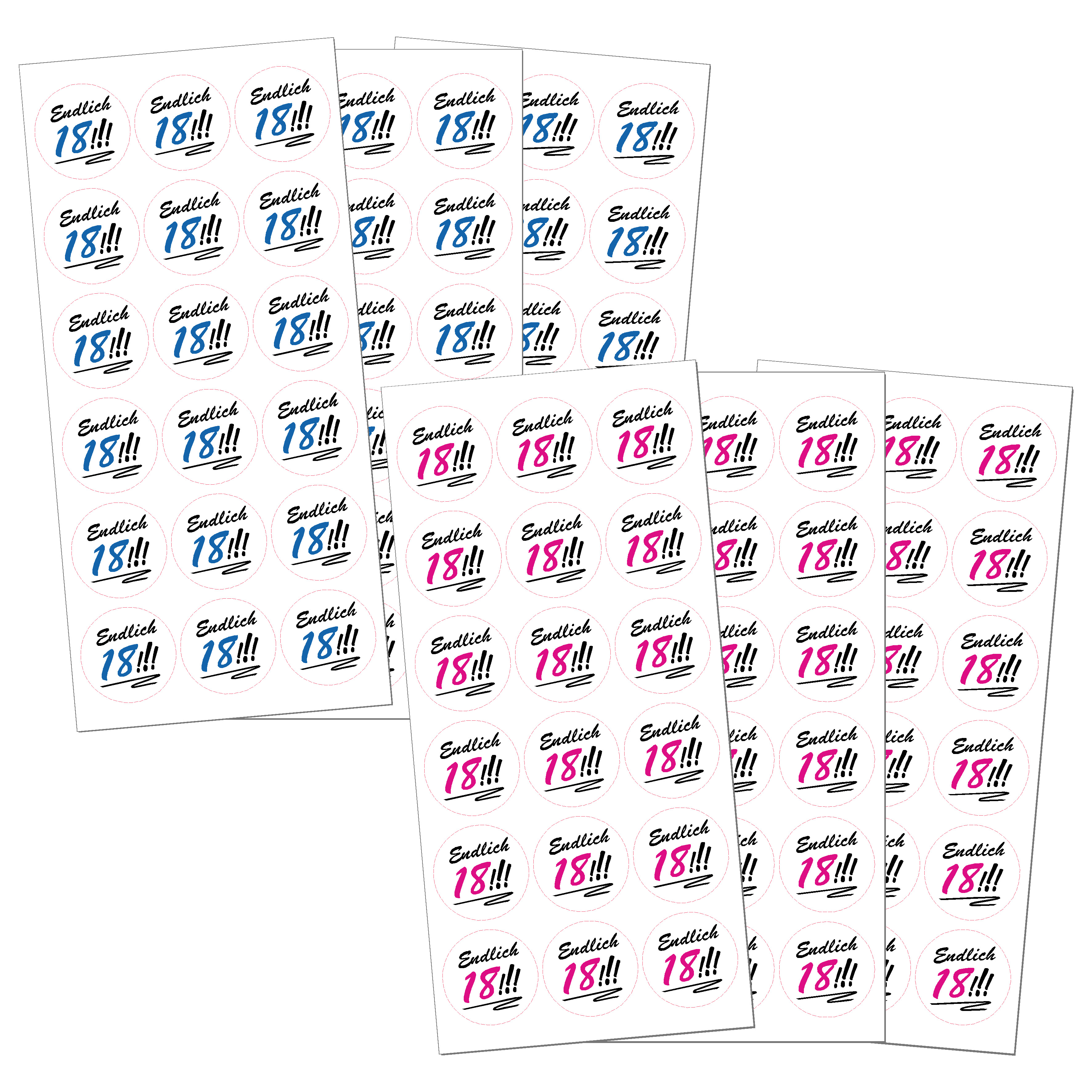 54 Stk. Aufkleber "Endlich 18!!!", rund 3 cm