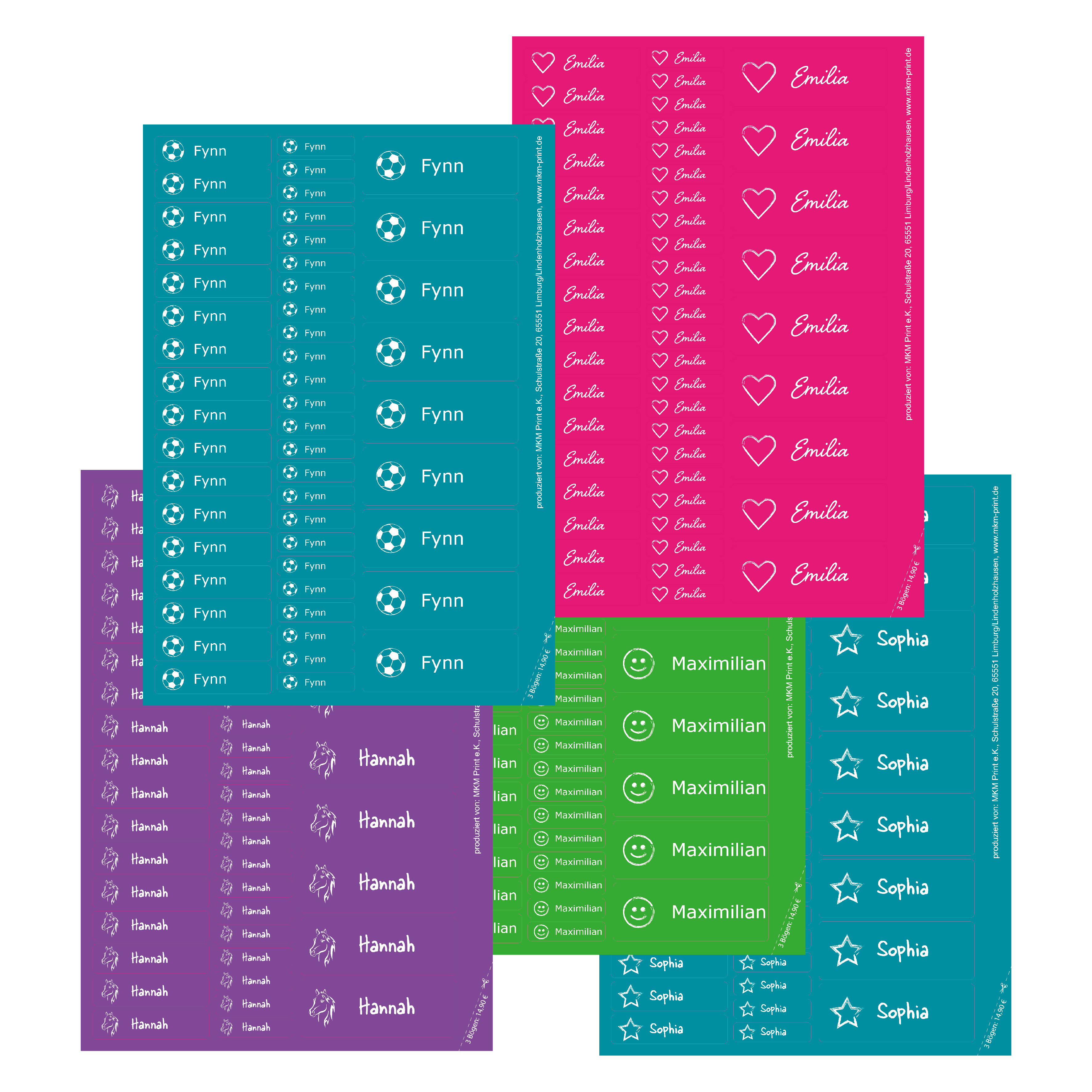 150 Namensaufkleber mit Motiv, 3 Größen im Set