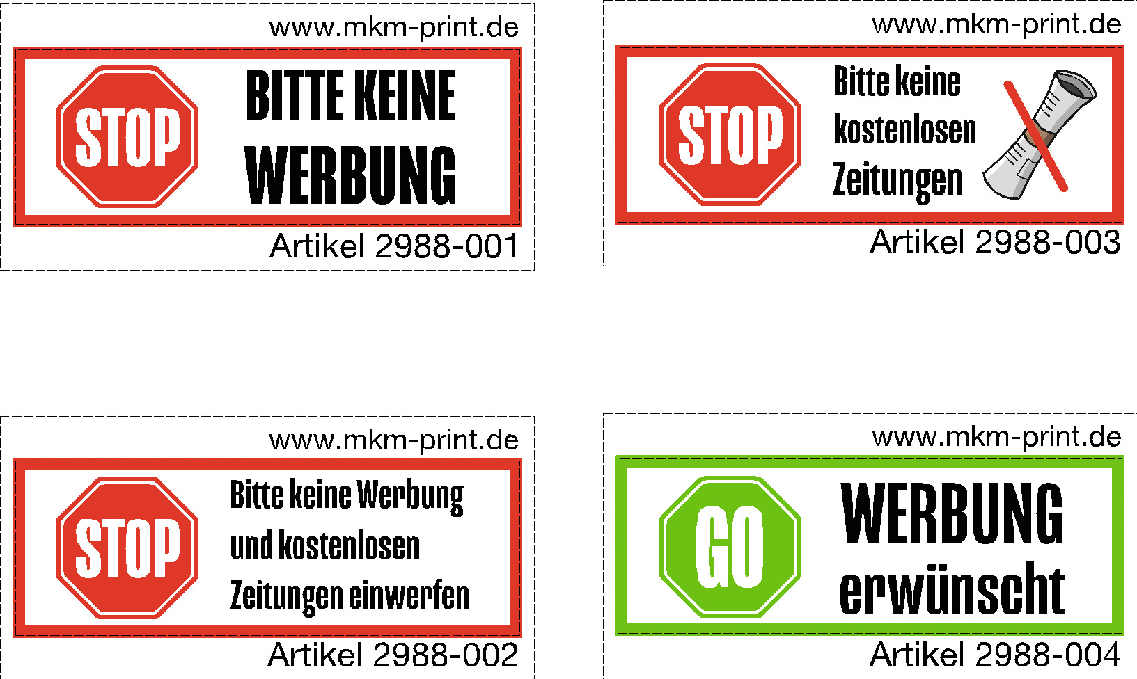 Aufkleber "Bitte keine Werbung", 4 Motive zur Auswahl, 60x20mm