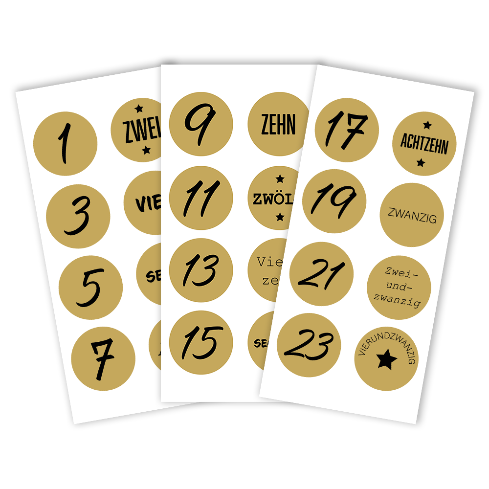 24 Stk. Aufkleber | Adventskalender-Zahlen | rund 4 cm | sand