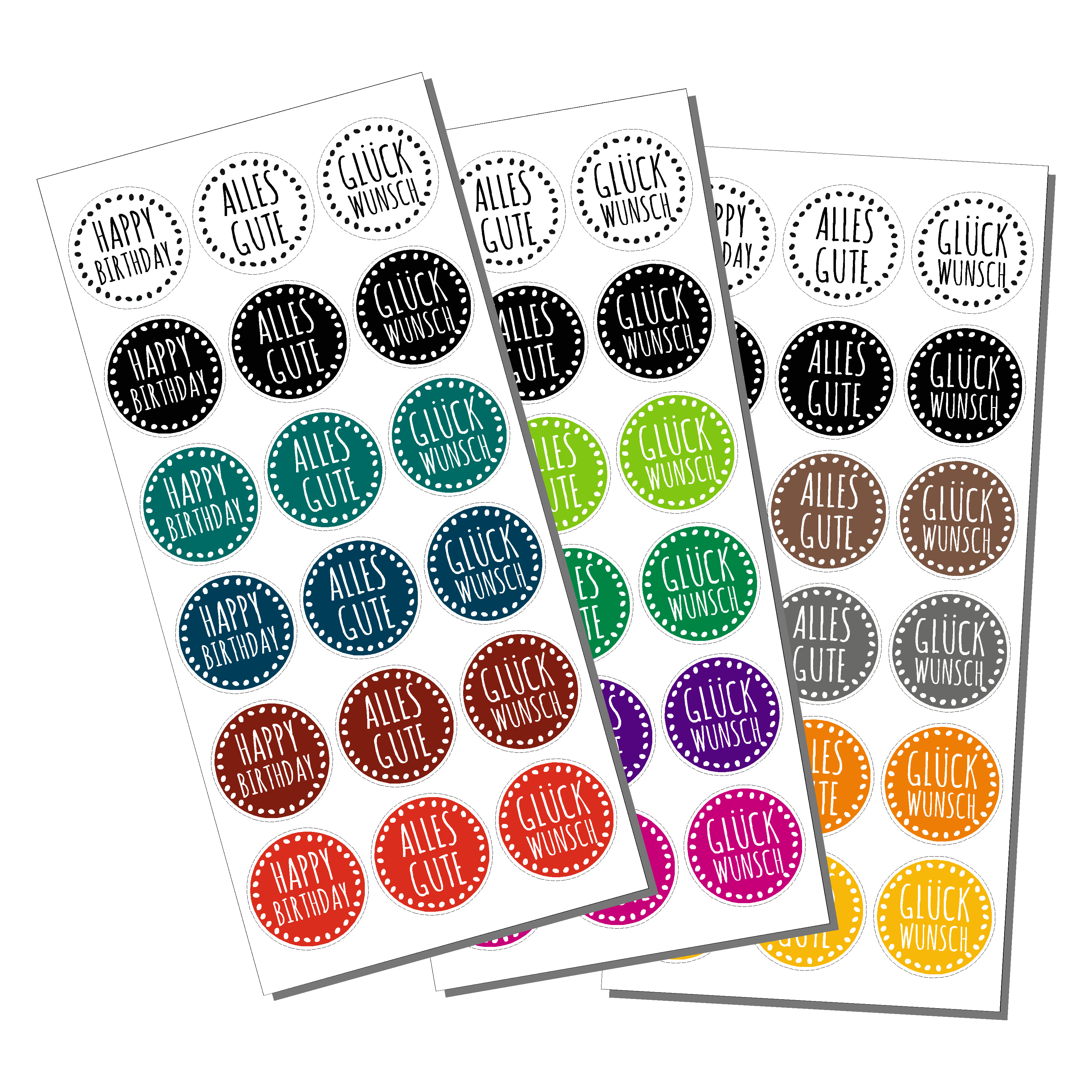 54 Stk. Aufkleber "Happy Birthday - Alles Gute - Glückwunsch", rund 3 cm
