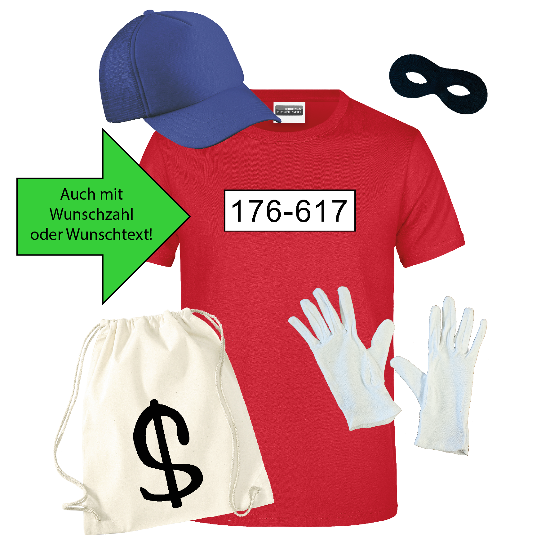 Kostüm "Panzerknacker" Sweatshirt, Cap, Maske, Handschuhe, Beutel Standard-Nummer 3XL