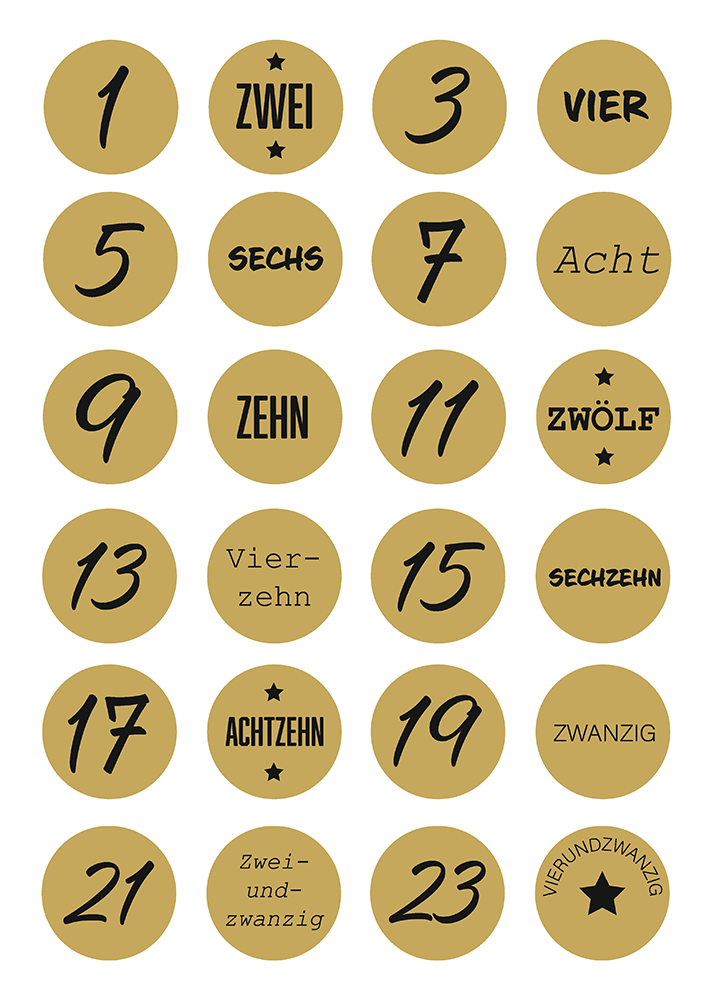 24 Stk. Aufkleber | Adventskalender-Zahlen | rund 4 cm | sand