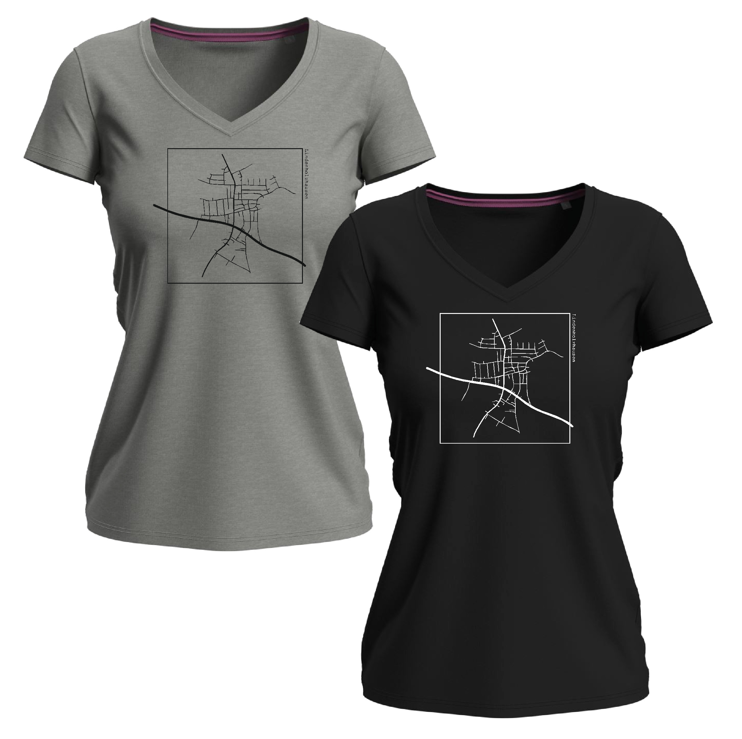 T-Shirt "Hollesser" Karte, Damen, V-Neck schwarz-XS