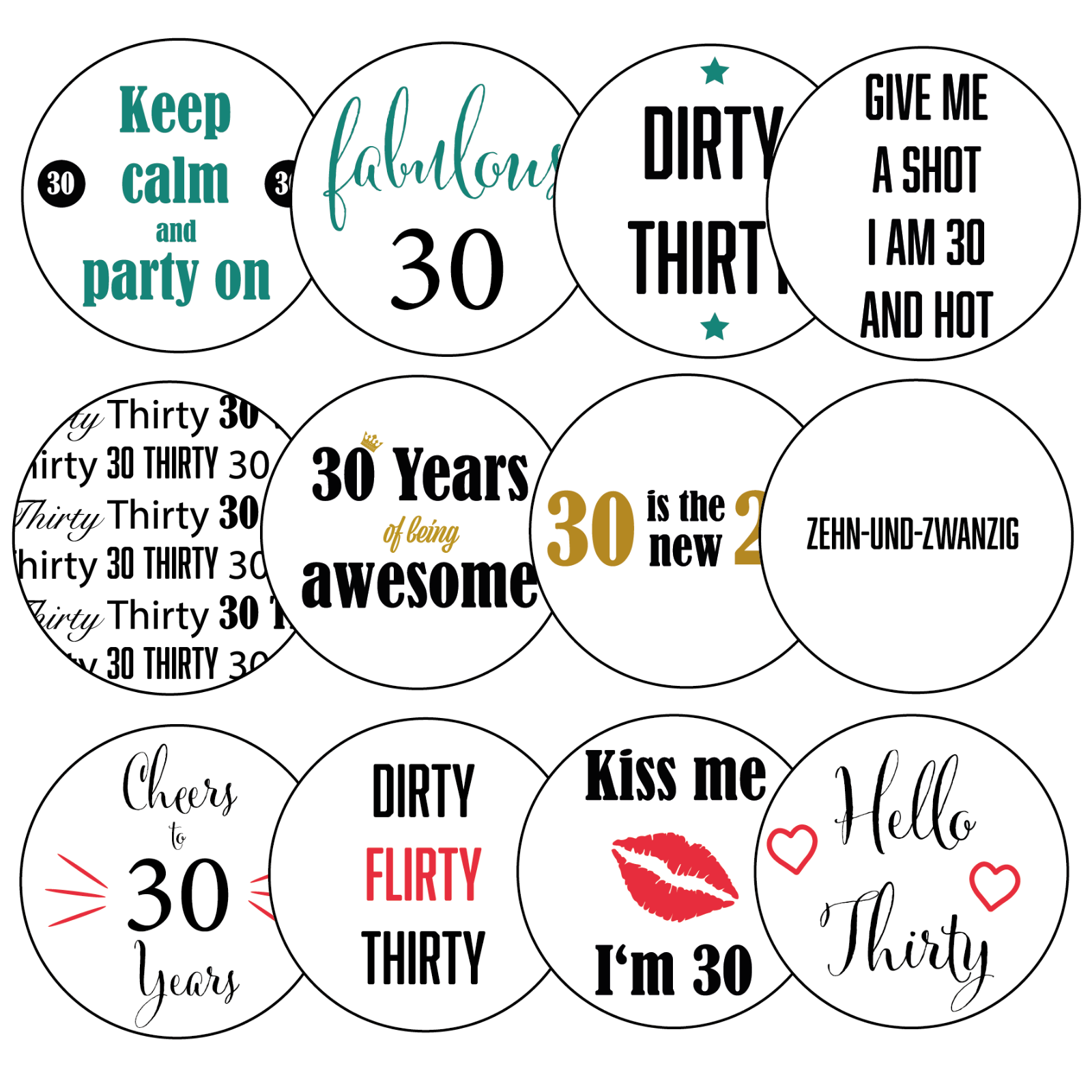 12 Stk. Aufkleber mit Motiv "30. Geburtstag", rund, 6 cm