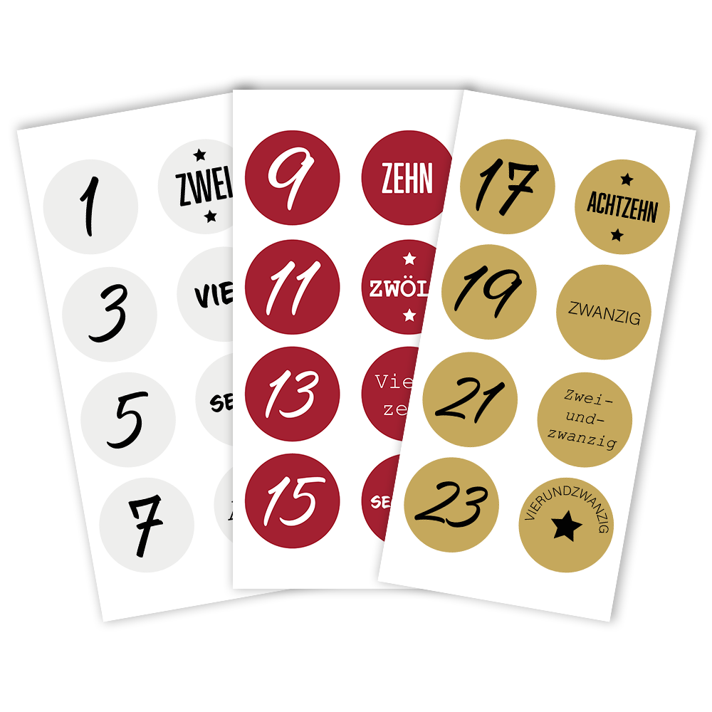 24 Stk. Aufkleber | Adventskalender-Zahlen | rund 4 cm