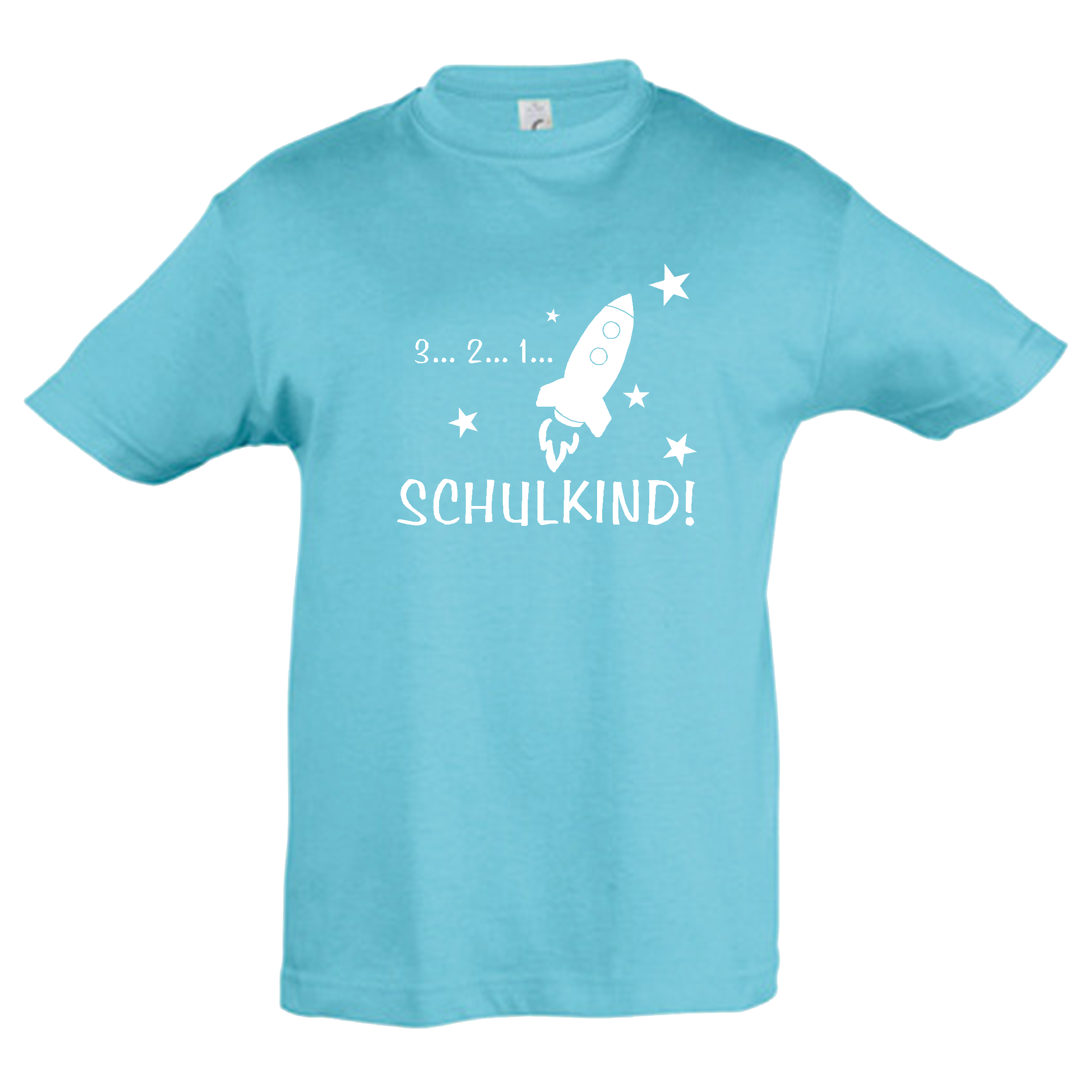 T-Shirt Kinder "Schulkind, Rakete", Aufdruck weiß, atoll blue / türkis 10Y 134/140