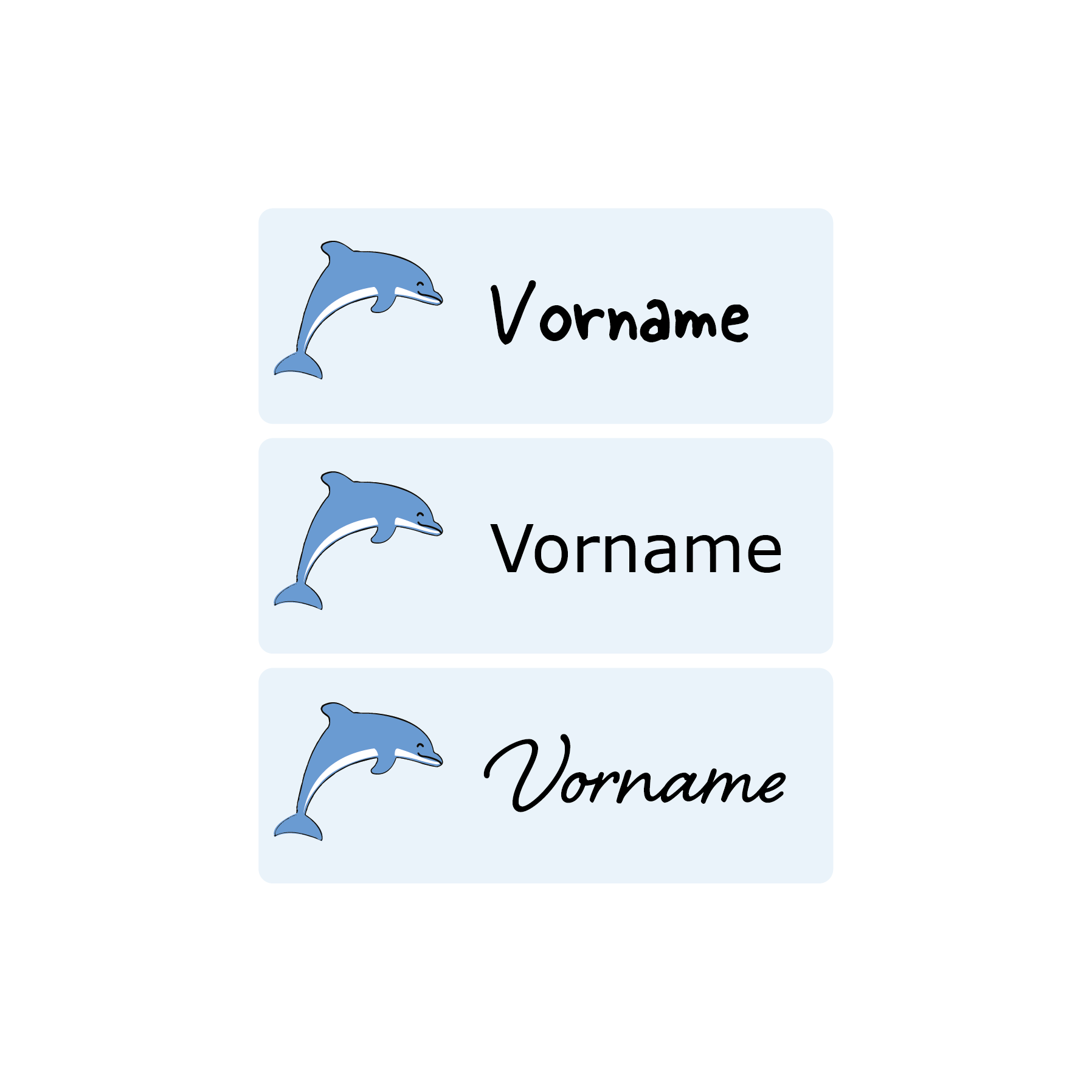 150 Namensaufkleber versch. Motive, Einschulung, Schule, Kita, Kiga, 3 Größen im Set: Delfin, Schreibschrift