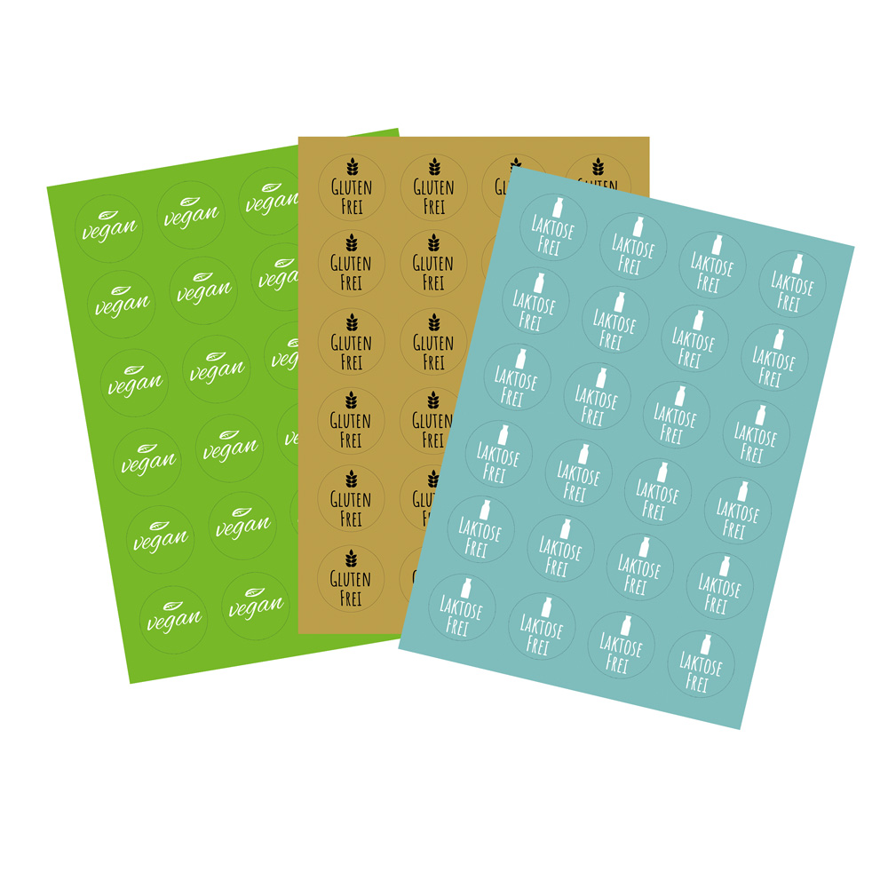 24 Stk. Aufkleber "glutenfrei", "laktosefrei" oder "vegan", rund 4 cm