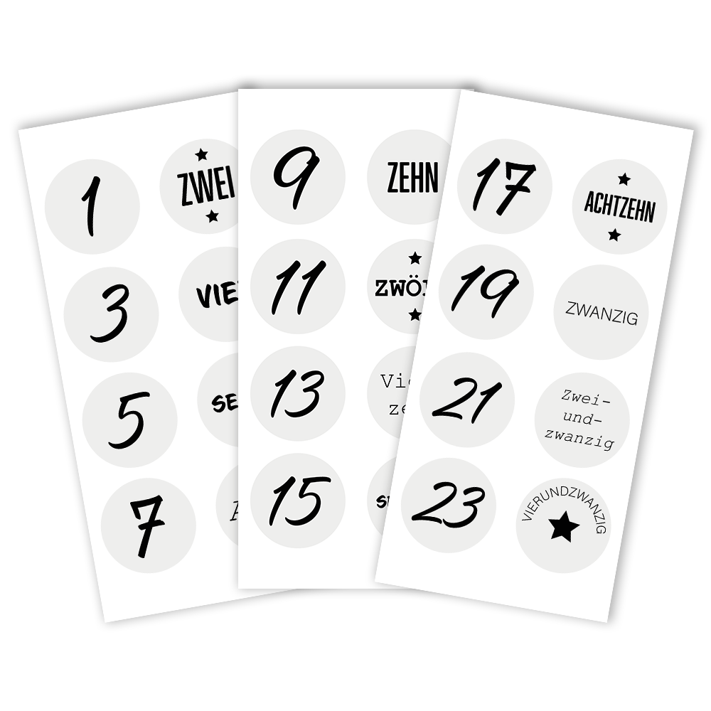 24 Stk. Aufkleber | Adventskalender-Zahlen | rund 4 cm | grau